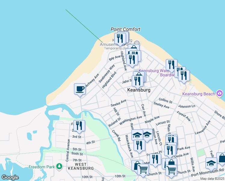 map of restaurants, bars, coffee shops, grocery stores, and more near 2 Saint Marks Place in Keansburg
