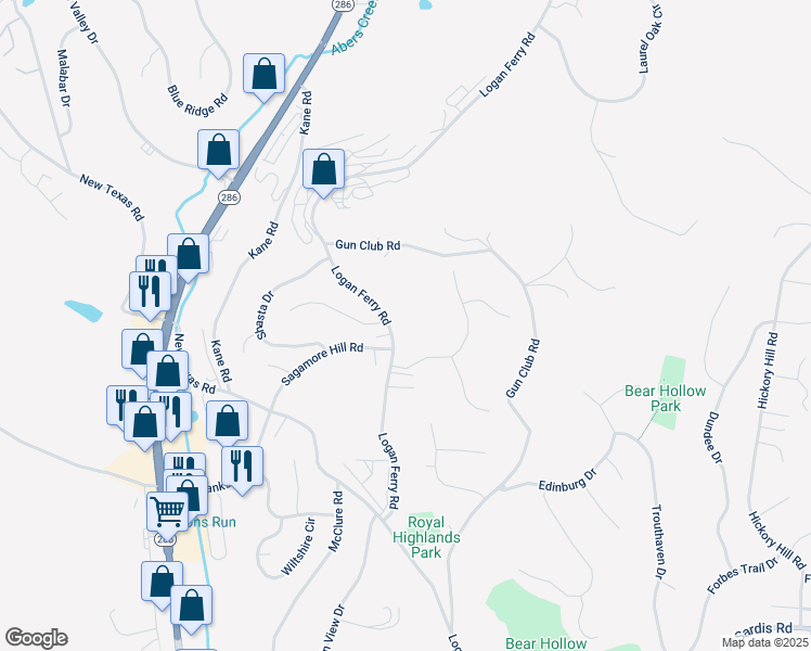 map of restaurants, bars, coffee shops, grocery stores, and more near 3807 Logan Ferry Road in Pittsburgh
