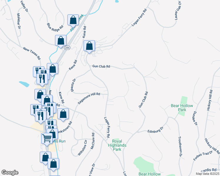 map of restaurants, bars, coffee shops, grocery stores, and more near 3807 Logan Ferry Road in Pittsburgh