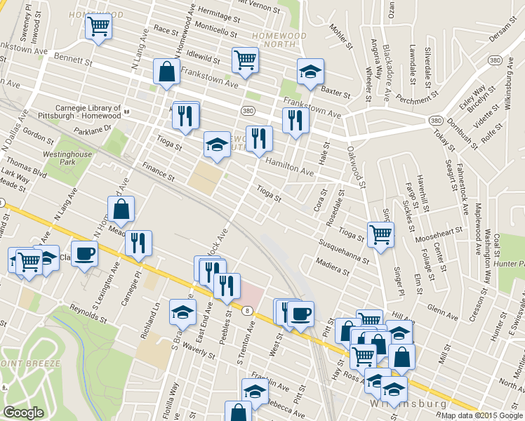 map of restaurants, bars, coffee shops, grocery stores, and more near 7626 Susquehanna Street in Pittsburgh