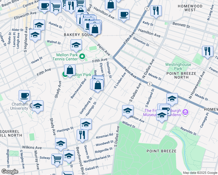 map of restaurants, bars, coffee shops, grocery stores, and more near 324 South Linden Avenue in Pittsburgh