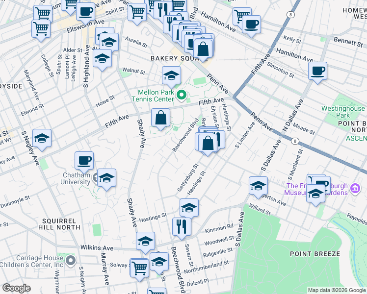 map of restaurants, bars, coffee shops, grocery stores, and more near 1091 Beechwood Boulevard in Pittsburgh