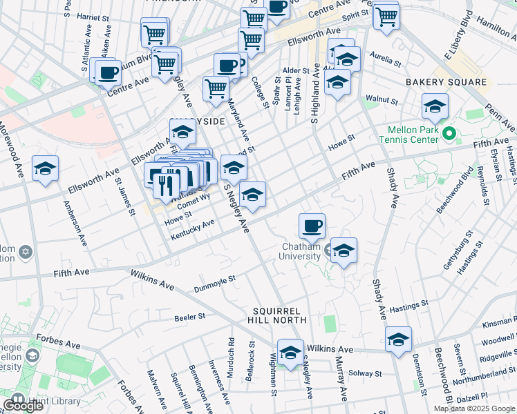 map of restaurants, bars, coffee shops, grocery stores, and more near 5701 Fifth Avenue in Pittsburgh