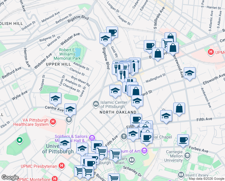 map of restaurants, bars, coffee shops, grocery stores, and more near 259 North Dithridge Street in Pittsburgh
