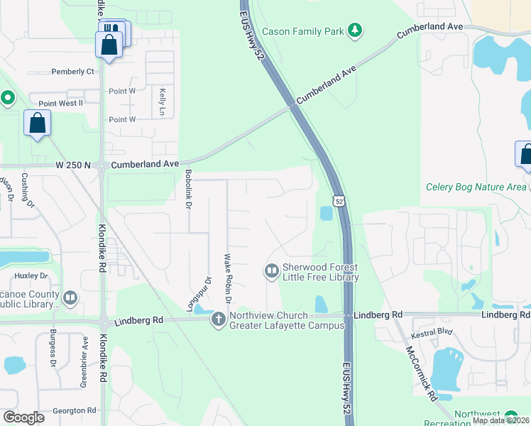 map of restaurants, bars, coffee shops, grocery stores, and more near 2517 Nottingham Pl in West Lafayette