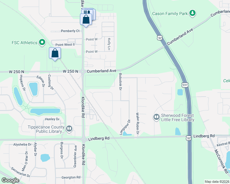 map of restaurants, bars, coffee shops, grocery stores, and more near 2216 Bobolink Drive in West Lafayette