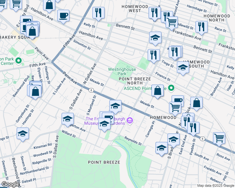 map of restaurants, bars, coffee shops, grocery stores, and more near 7056 Meade Place in Pittsburgh