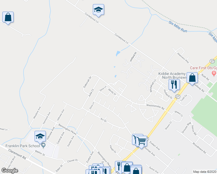 map of restaurants, bars, coffee shops, grocery stores, and more near 11 Mindy Drive in Franklin Township