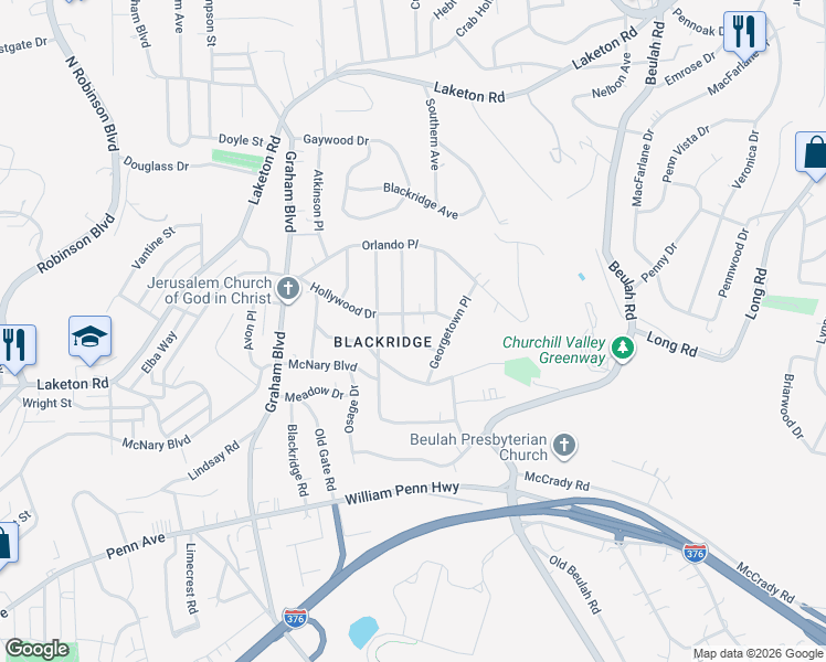 map of restaurants, bars, coffee shops, grocery stores, and more near 1644 Jamestown Place in Pittsburgh