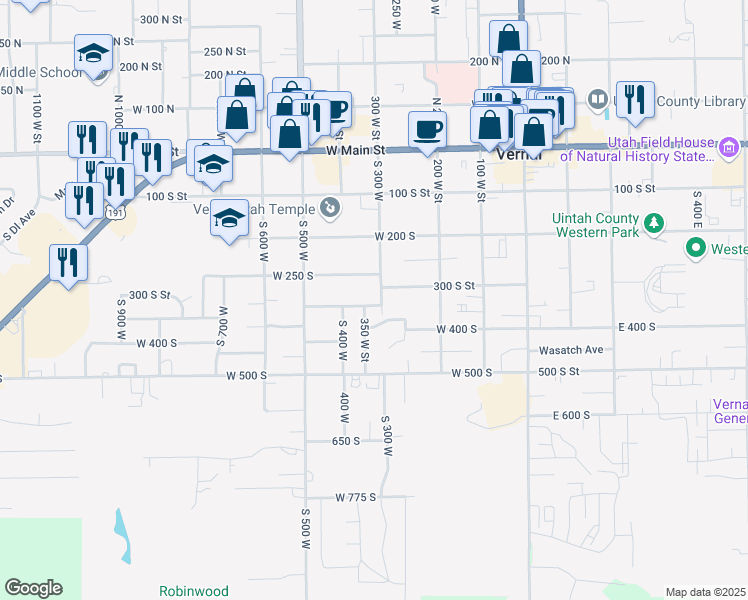 map of restaurants, bars, coffee shops, grocery stores, and more near 320 West 350 South in Vernal