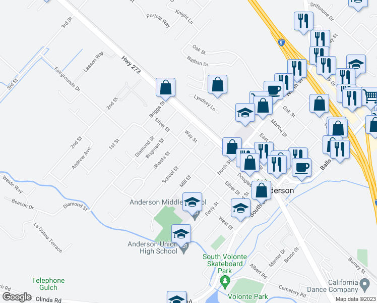 map of restaurants, bars, coffee shops, grocery stores, and more near 3250 Silver Street in Anderson
