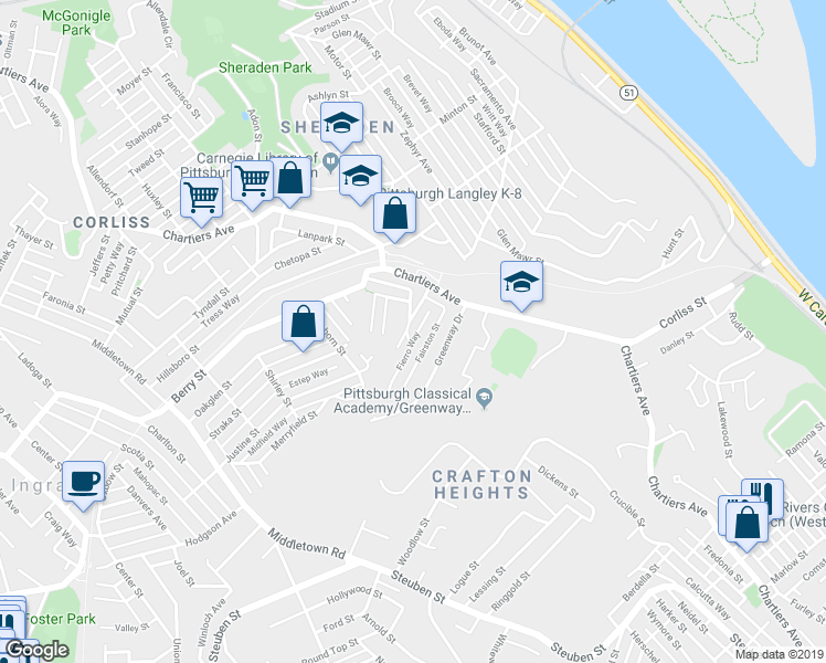 map of restaurants, bars, coffee shops, grocery stores, and more near 751 Municipal Street in Pittsburgh