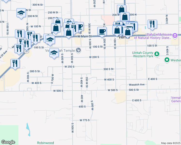map of restaurants, bars, coffee shops, grocery stores, and more near 300 West 350 South in Vernal