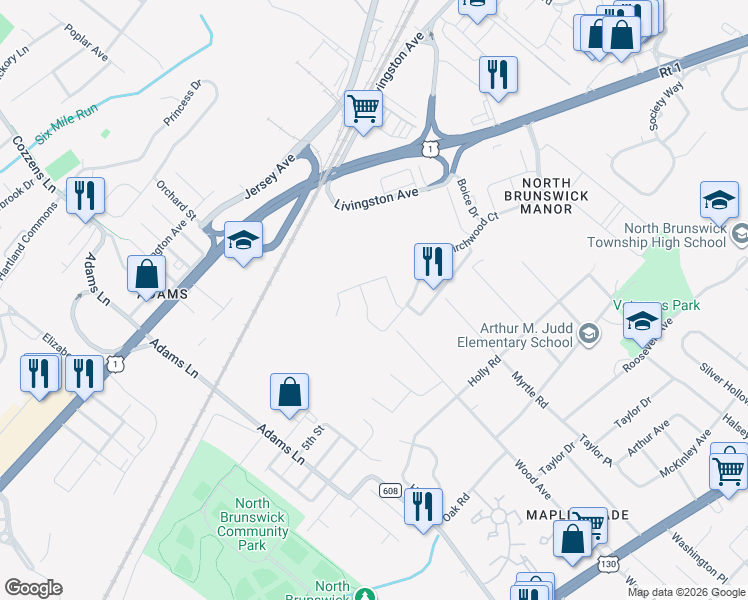 map of restaurants, bars, coffee shops, grocery stores, and more near 4208 Birchwood Court in North Brunswick Township