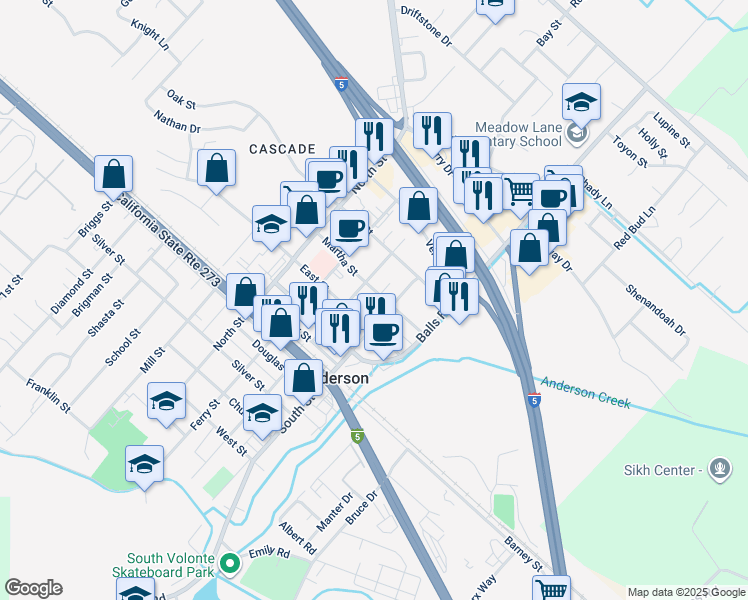 map of restaurants, bars, coffee shops, grocery stores, and more near 2833 East Street in Anderson