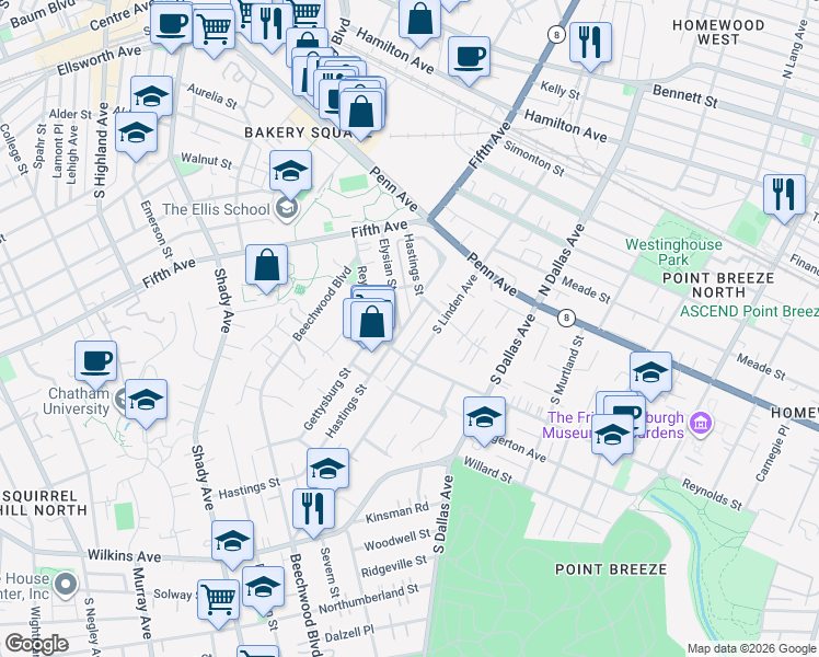 map of restaurants, bars, coffee shops, grocery stores, and more near 324 South Linden Avenue in Pittsburgh