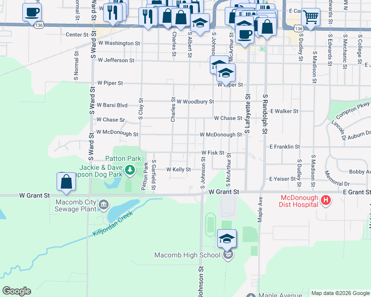 map of restaurants, bars, coffee shops, grocery stores, and more near 301-399 W Fisk St in Macomb