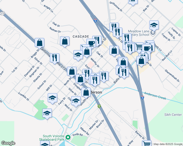map of restaurants, bars, coffee shops, grocery stores, and more near 2830 East Street in Anderson