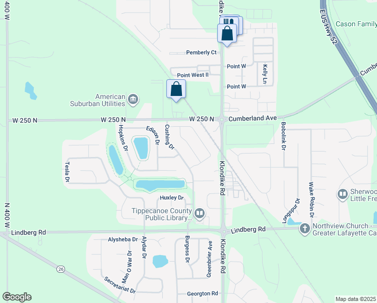 map of restaurants, bars, coffee shops, grocery stores, and more near 2339 Cushing Drive in West Lafayette