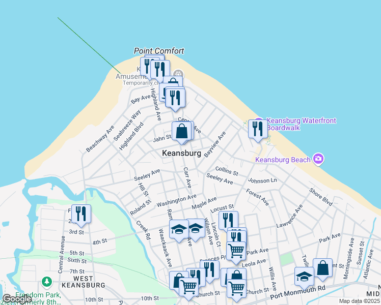 map of restaurants, bars, coffee shops, grocery stores, and more near 130 Raritan Avenue in Keansburg