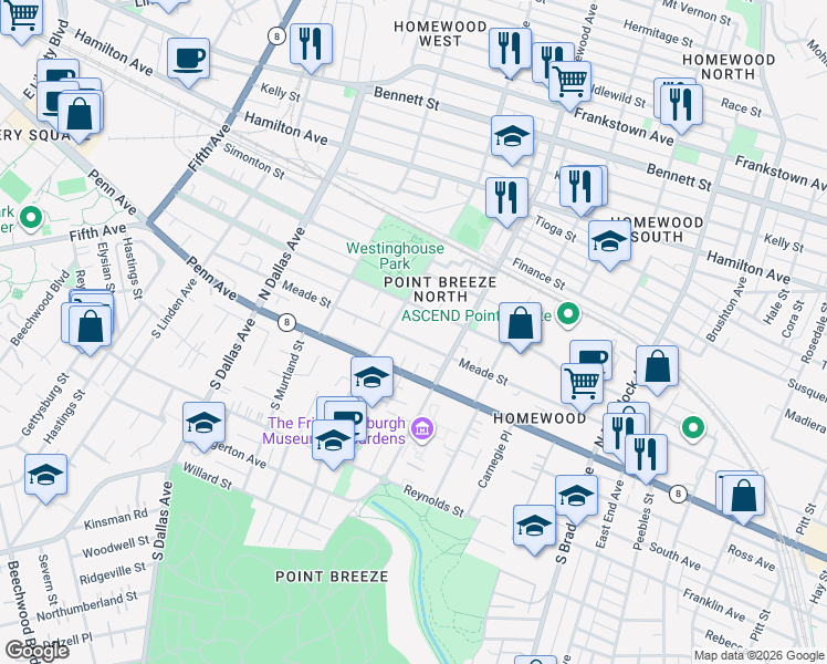 map of restaurants, bars, coffee shops, grocery stores, and more near in Pittsburgh