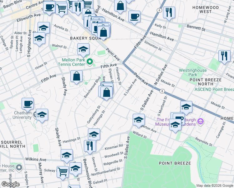 map of restaurants, bars, coffee shops, grocery stores, and more near 324 South Linden Avenue in Pittsburgh