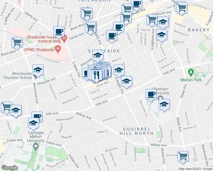 map of restaurants, bars, coffee shops, grocery stores, and more near 5526 Howe Street in Pittsburgh