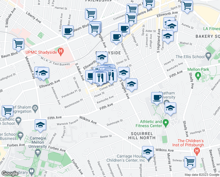 map of restaurants, bars, coffee shops, grocery stores, and more near 5526 Howe Street in Pittsburgh