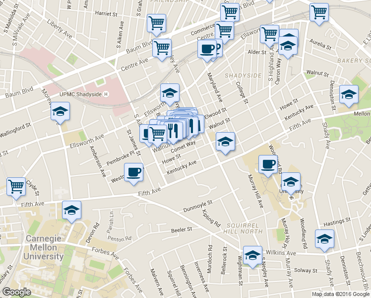 map of restaurants, bars, coffee shops, grocery stores, and more near 5526 Howe Street in Pittsburgh