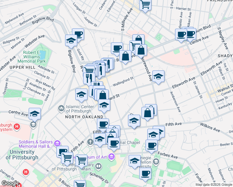 map of restaurants, bars, coffee shops, grocery stores, and more near 501 North Neville Street in Pittsburgh