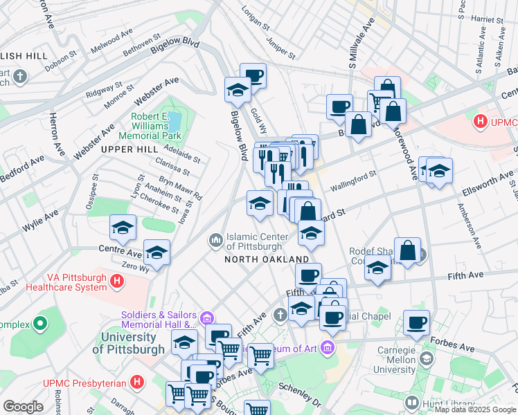 map of restaurants, bars, coffee shops, grocery stores, and more near 259 North Dithridge Street in Pittsburgh