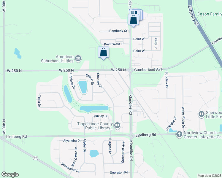 map of restaurants, bars, coffee shops, grocery stores, and more near 2339 Cushing Drive in West Lafayette