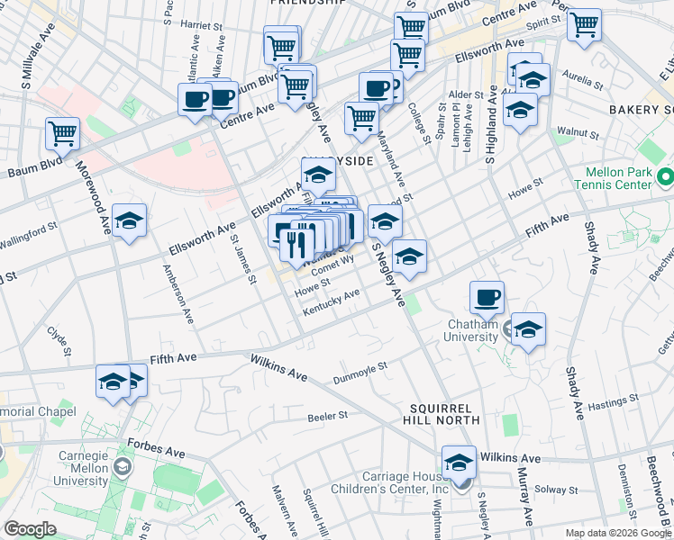 map of restaurants, bars, coffee shops, grocery stores, and more near 5526 Howe Street in Pittsburgh