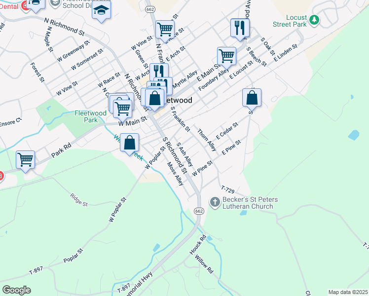map of restaurants, bars, coffee shops, grocery stores, and more near 24 W Spruce St in Fleetwood