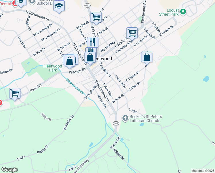 map of restaurants, bars, coffee shops, grocery stores, and more near 24 W Spruce St in Fleetwood