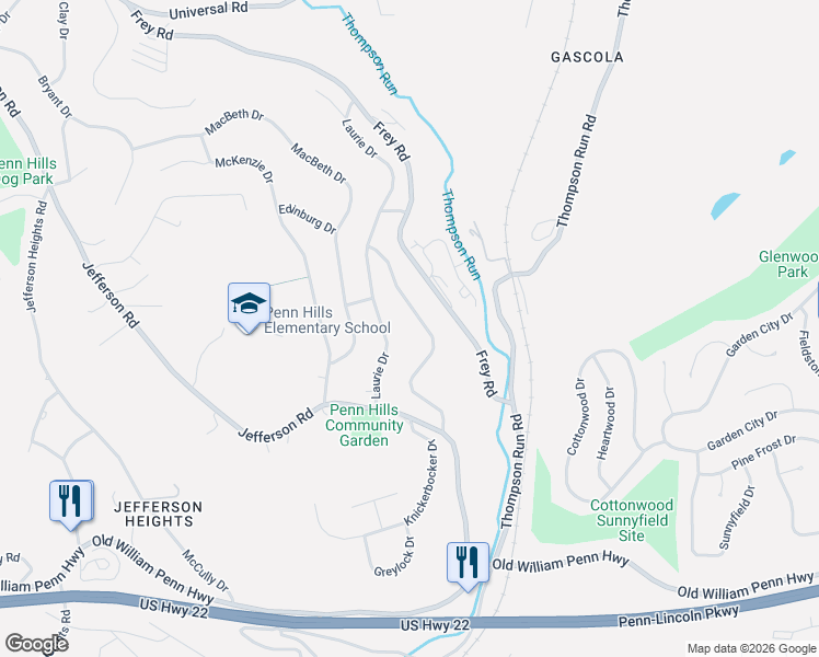 map of restaurants, bars, coffee shops, grocery stores, and more near 177 McAlister Drive in Pittsburgh