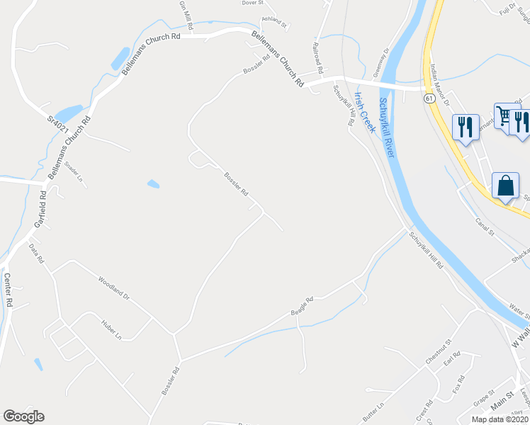 map of restaurants, bars, coffee shops, grocery stores, and more near 1177 Bossler Road in Leesport