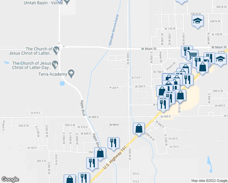 map of restaurants, bars, coffee shops, grocery stores, and more near 300 South 1500 West in Vernal