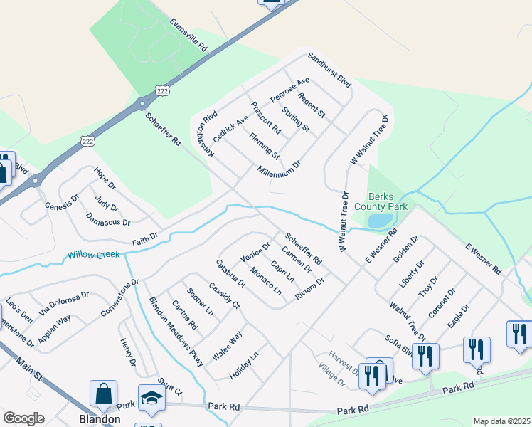 map of restaurants, bars, coffee shops, grocery stores, and more near 335 Schaeffer Road in Blandon