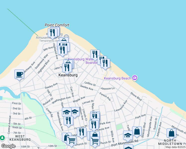 map of restaurants, bars, coffee shops, grocery stores, and more near 38 Center Avenue in Keansburg
