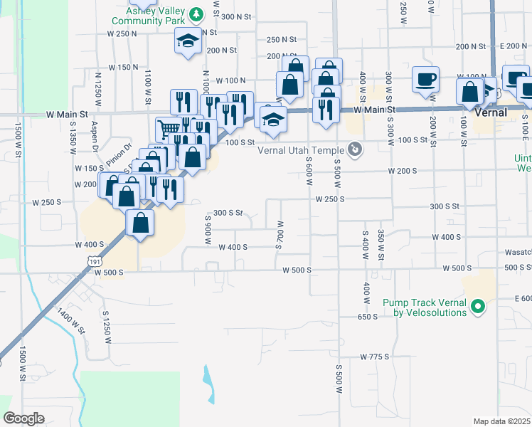 map of restaurants, bars, coffee shops, grocery stores, and more near 750 West Street in Vernal
