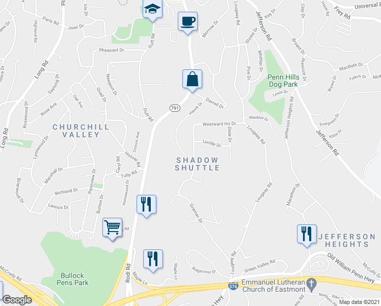 map of restaurants, bars, coffee shops, grocery stores, and more near 608 Horizon View Drive in Pittsburgh