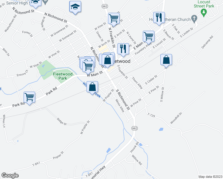 map of restaurants, bars, coffee shops, grocery stores, and more near 111 West Poplar Street in Fleetwood