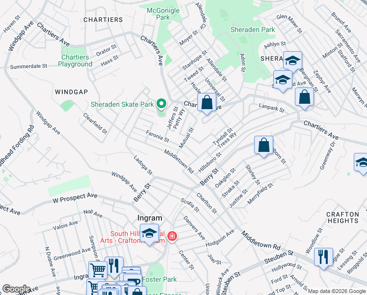 map of restaurants, bars, coffee shops, grocery stores, and more near 1501 Mutual Street in Pittsburgh