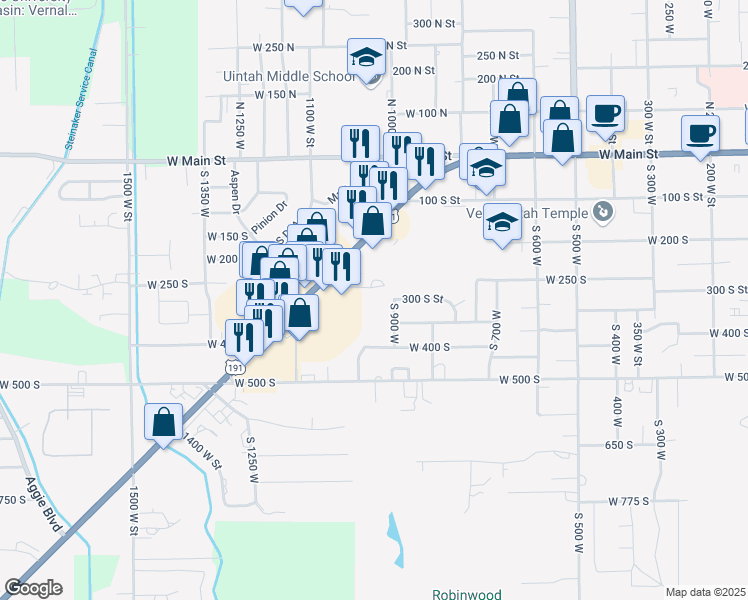 map of restaurants, bars, coffee shops, grocery stores, and more near 1621 West 300 South in Vernal