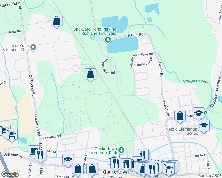 map of restaurants, bars, coffee shops, grocery stores, and more near 1232 Garden Court in Quakertown