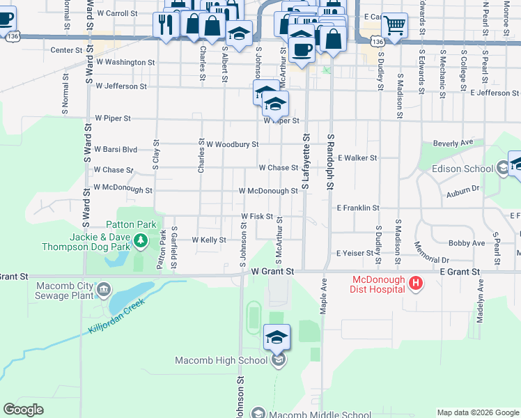 map of restaurants, bars, coffee shops, grocery stores, and more near 301 West Fisk Street in Macomb