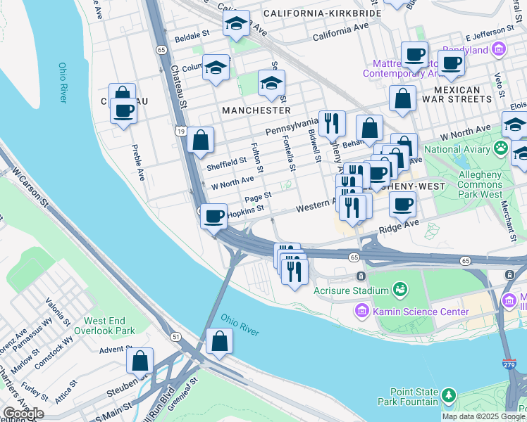 map of restaurants, bars, coffee shops, grocery stores, and more near 1241 Western Avenue in Pittsburgh