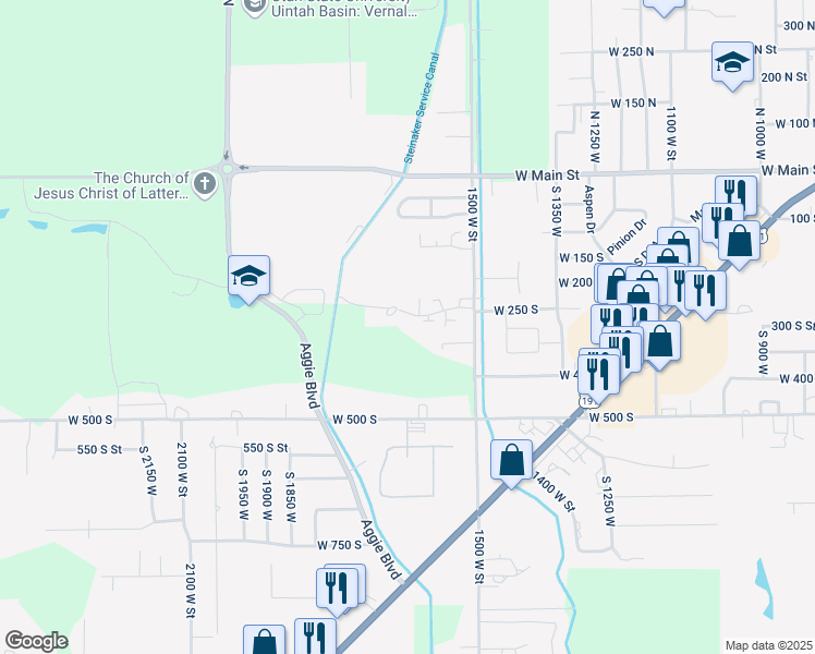map of restaurants, bars, coffee shops, grocery stores, and more near 1641 West 300 South in Vernal