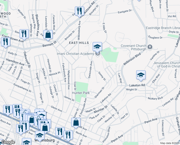 map of restaurants, bars, coffee shops, grocery stores, and more near Swissvale Avenue in Allegheny County